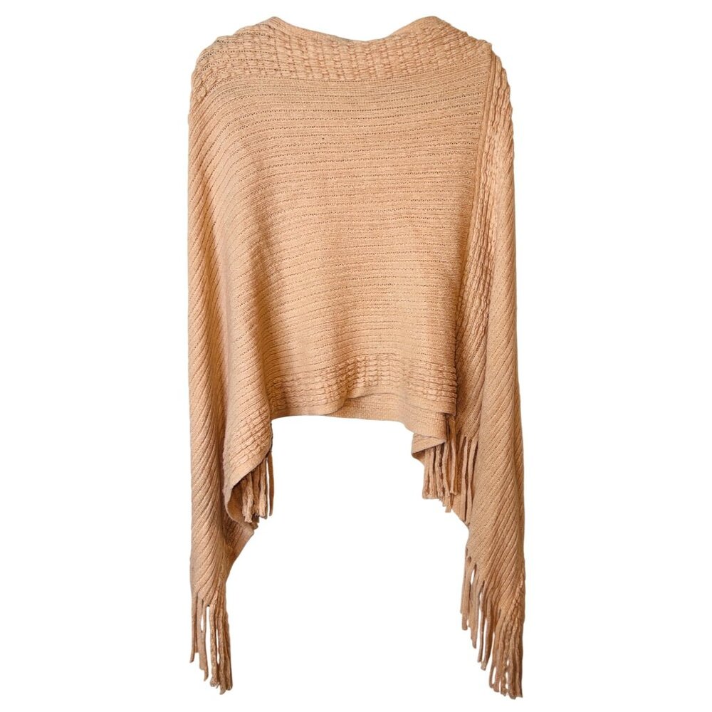 Chic Coral Knit Fringe Poncho Shawl Wrap Sleeveless Soft - Picture 2 of 4